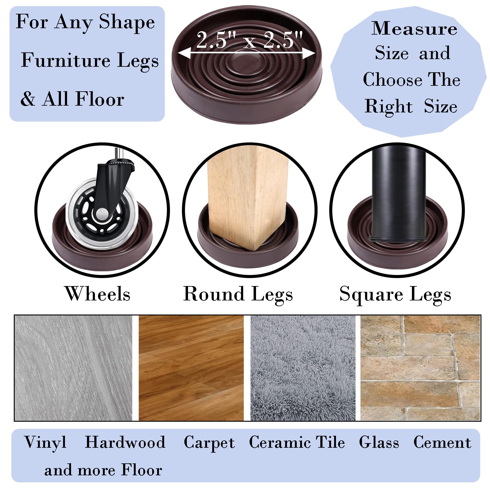 Fursafe&Q Rubber Caster Cups Non Slip Furniture Pads 3" Round 4 Pack Brown