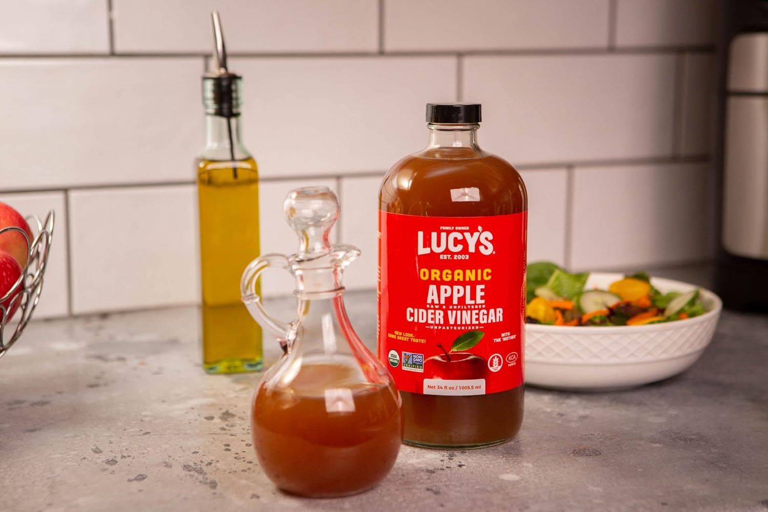 Lucy’s Organic Raw Apple Cider Vinegar with the Mother – Unfiltered, Non-GMO, 34 oz Glass Bottle