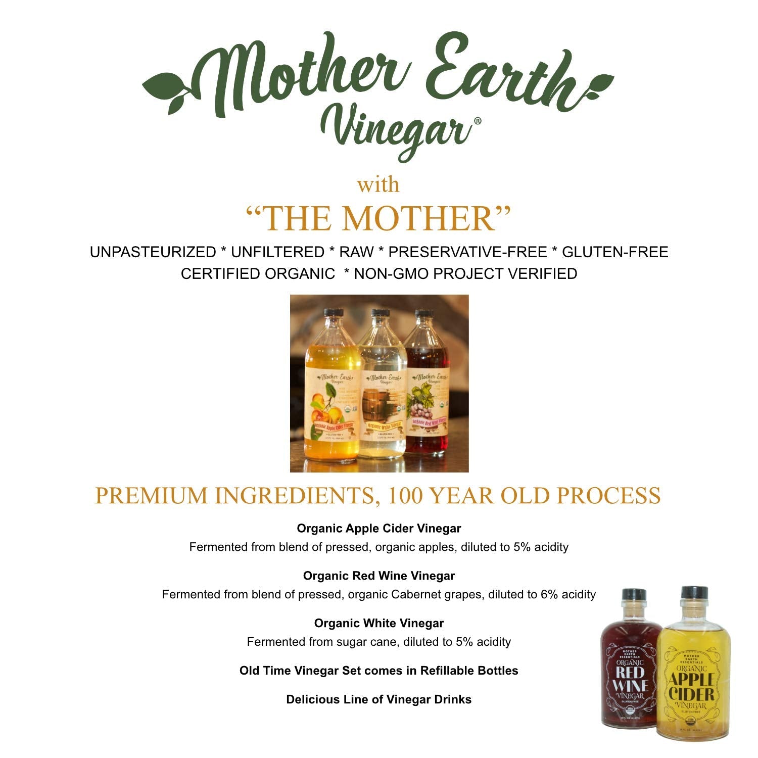 Mother Earth Organic Apple Cider Vinegar With The Mother – 14 oz Glass Apothecary Bottle