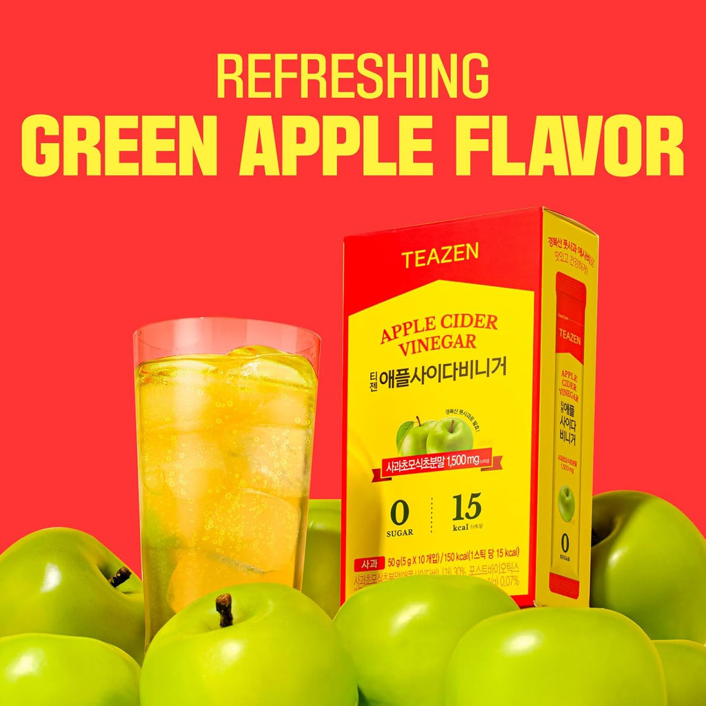 TEAZEN Apple Cider Vinegar Drink Powder Stick – On-the-Go Wellness with 1500mg ACV, Sugar-Free, Postbiotics, 10 Sticks | Supports Digestion & Metabolism