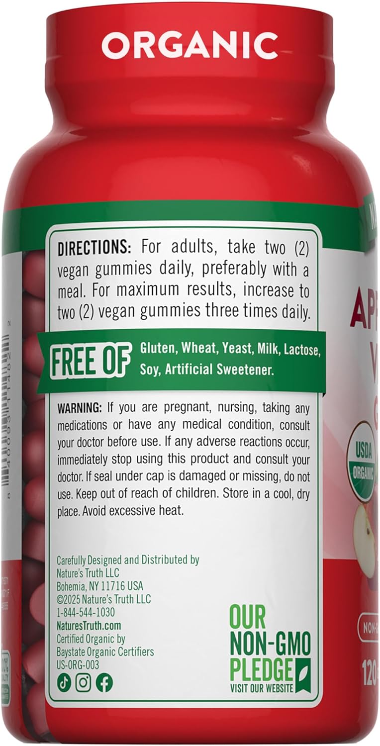 Nature’s Truth Organic Apple Cider Vinegar Gummies – Apple Flavor, Vegan, 120 Count