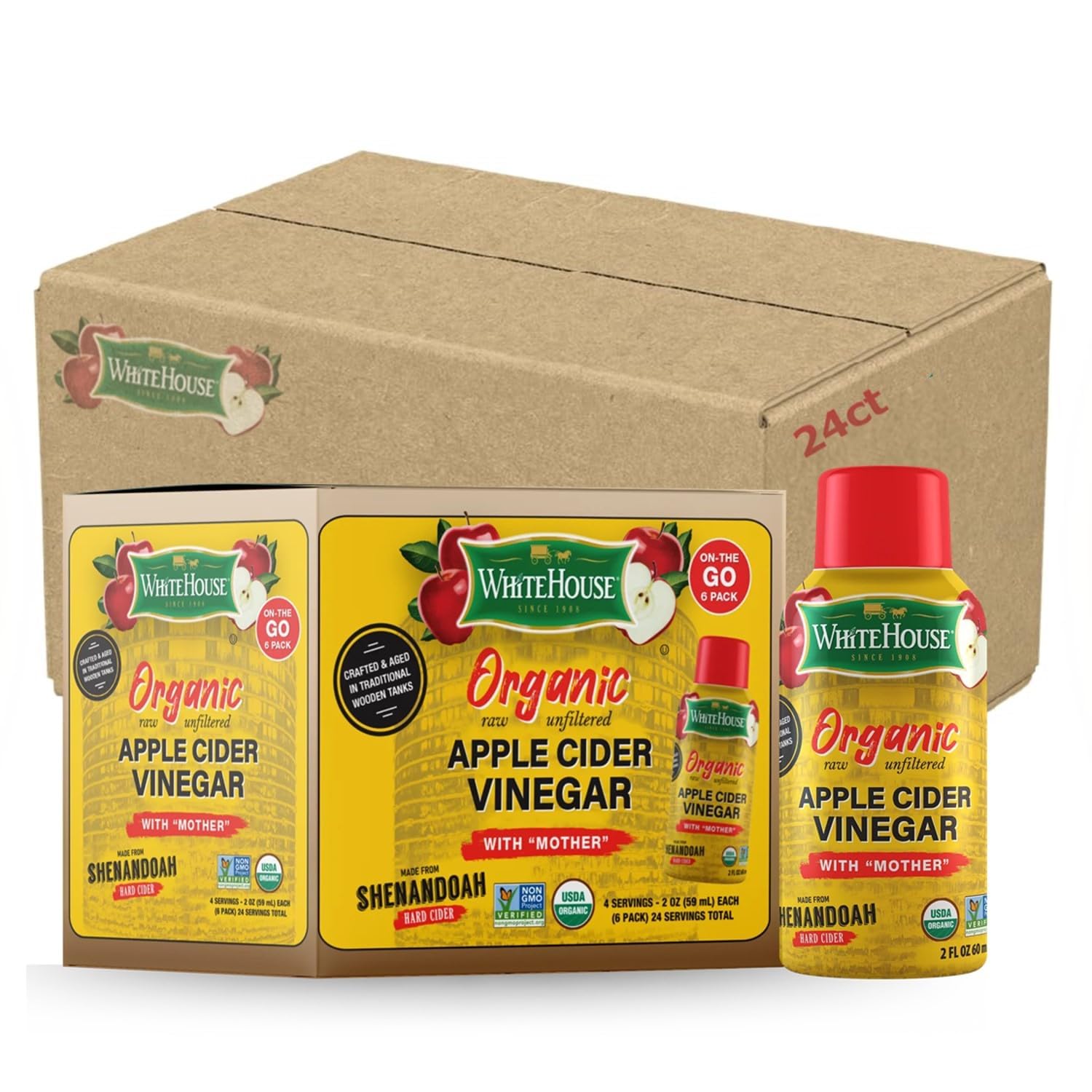 White House Organic Apple Cider Vinegar Shots with the Mother – 2 oz Bottles, 24 Pack