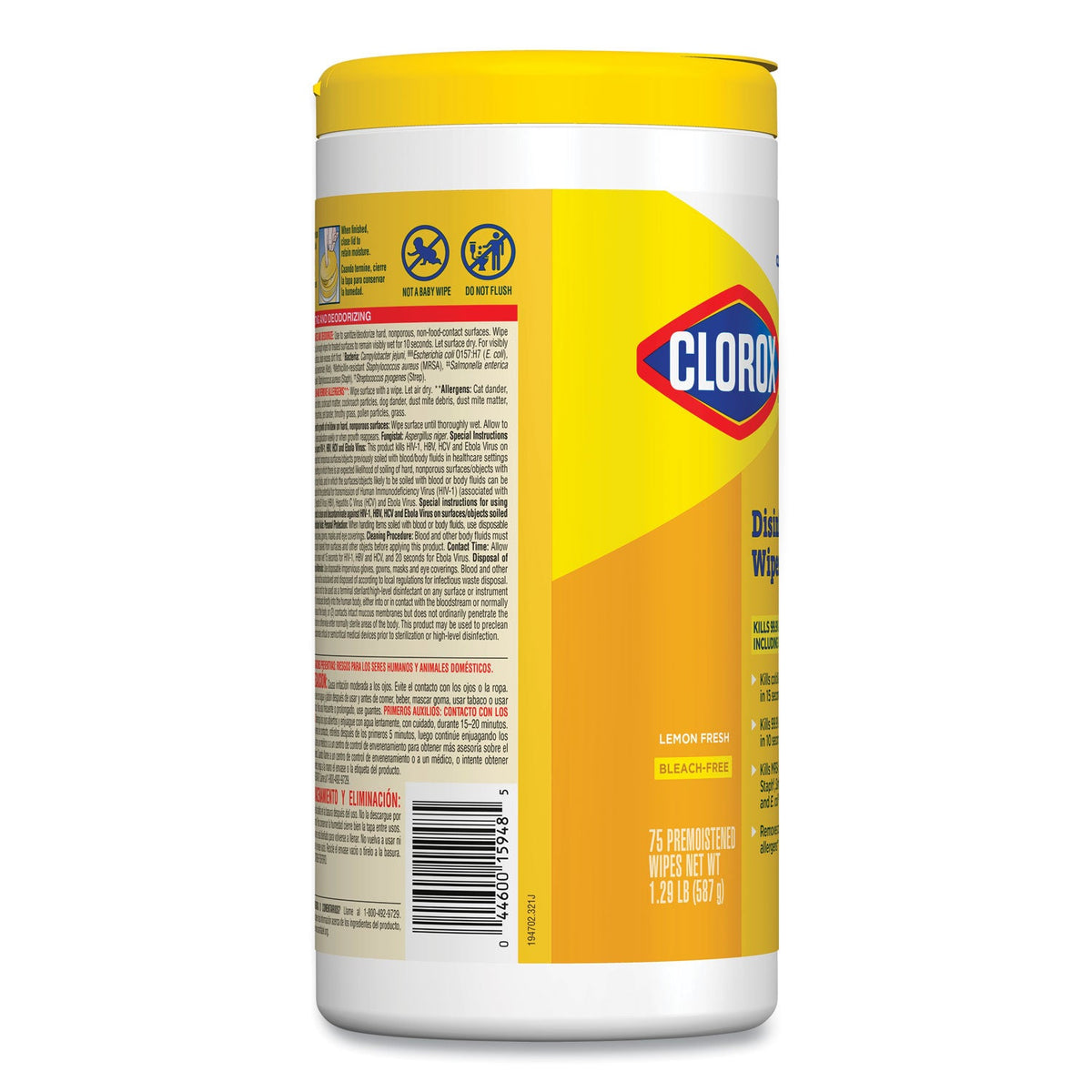 Clorox disinfecting wipes container with yellow lid and label on a white background
