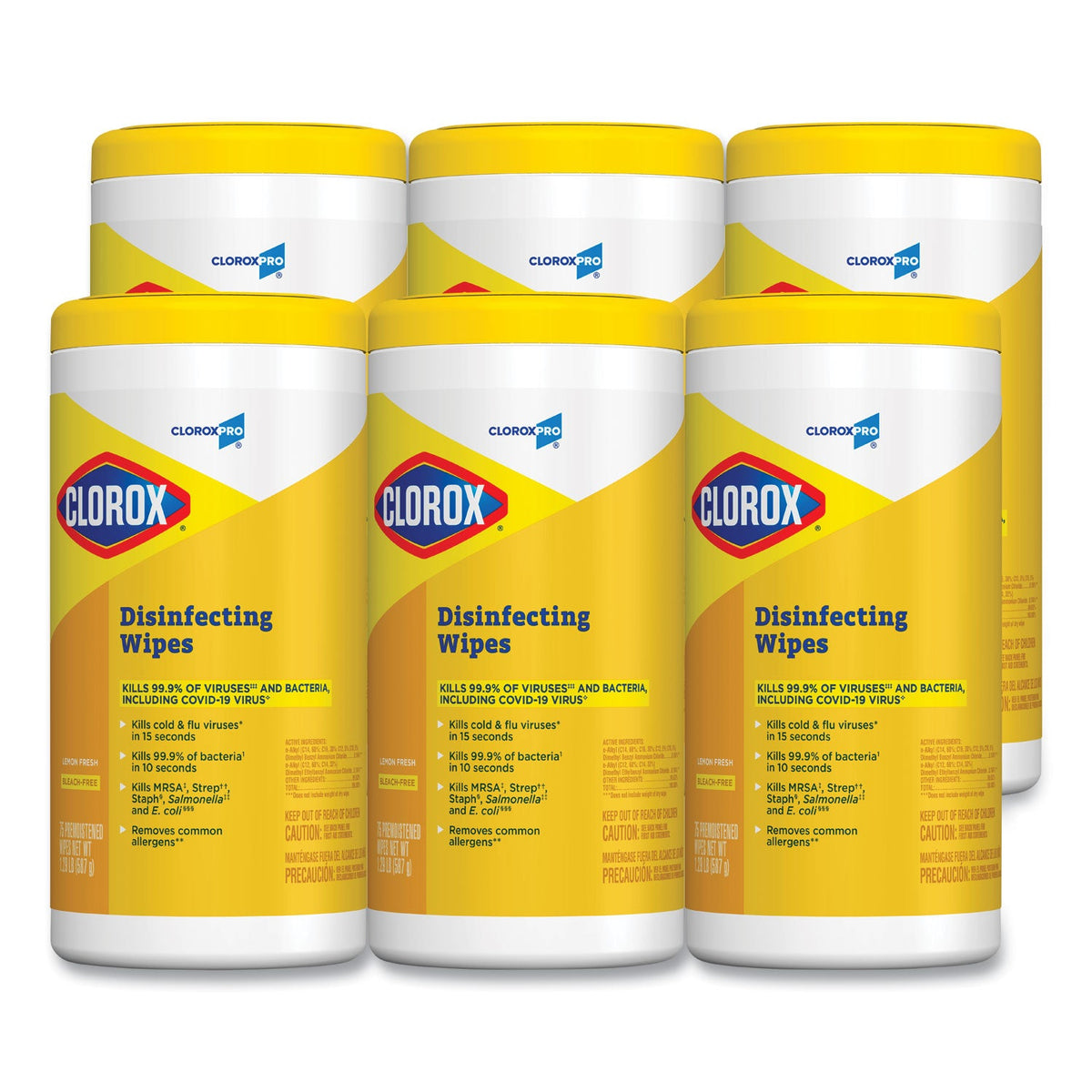 Multiple containers of Clorox disinfecting wipes on a white background
