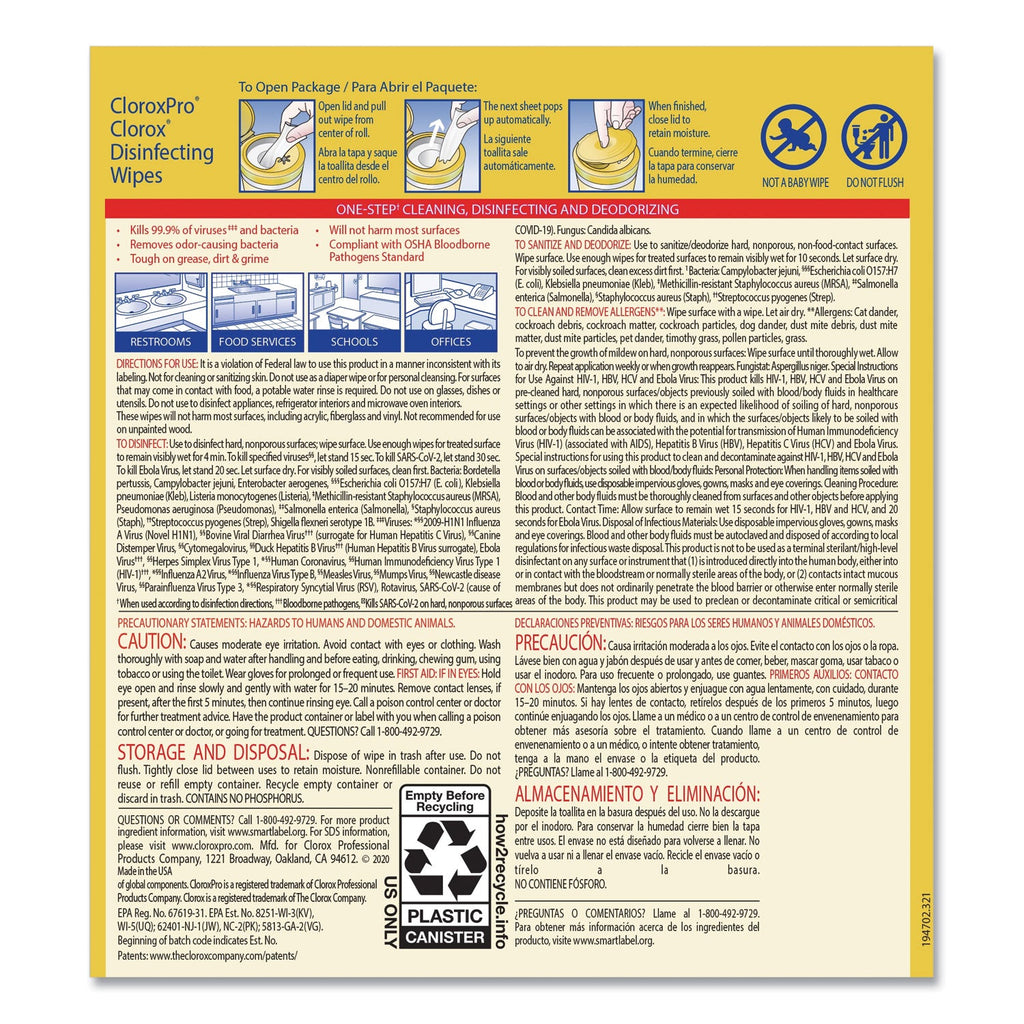Clorox Pro Clorox Disinfecting Wipes packaging with text and symbols.