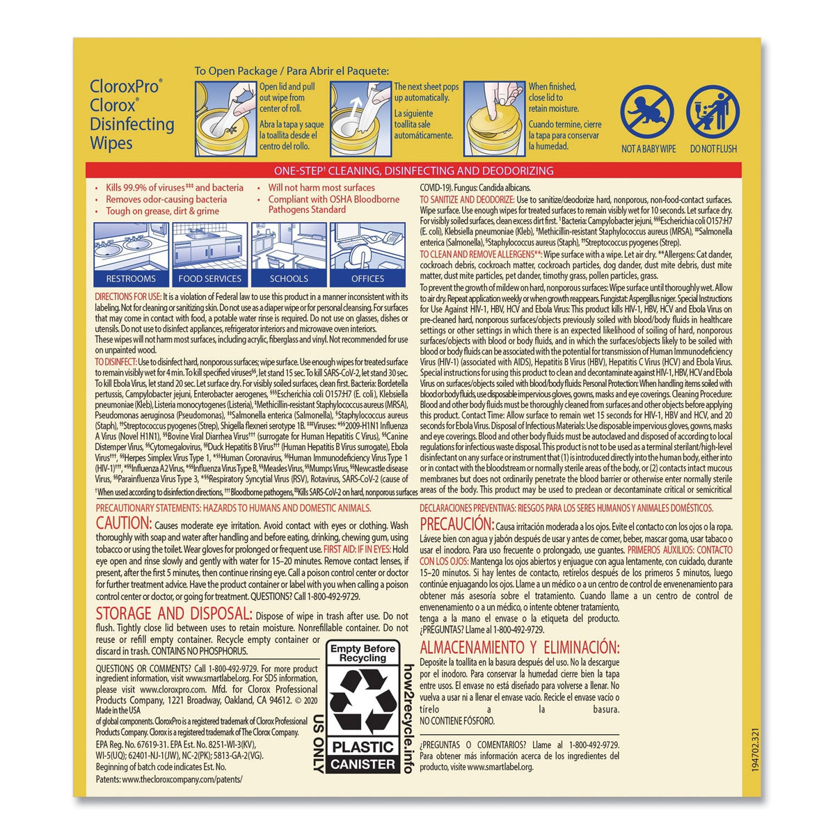Clorox Pro Clorox Disinfecting Wipes packaging with text and symbols.