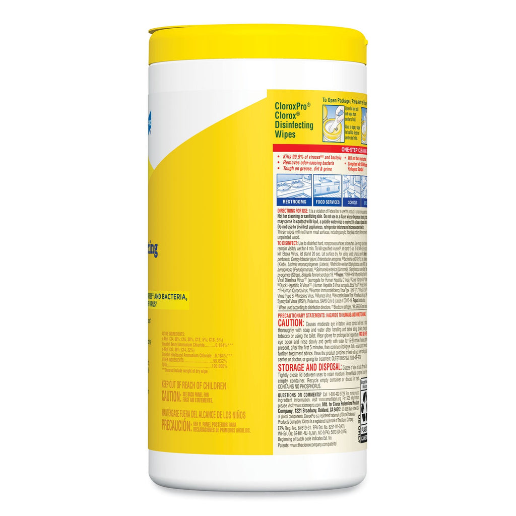 Canister of Clorox Disinfecting Wipes with yellow lid on a white background