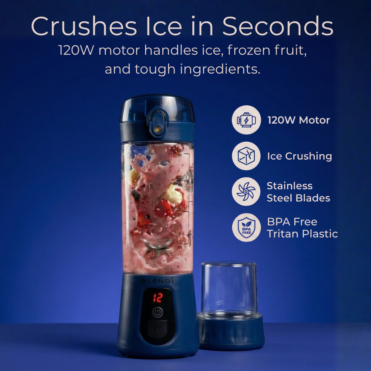 Pro+ 17oz portable ice-crushing blender with 120W motor, stainless steel blades, BPA-free Tritan cup, frozen fruit and ice crushing for smoothies, shakes, juices, and on-the-go blending