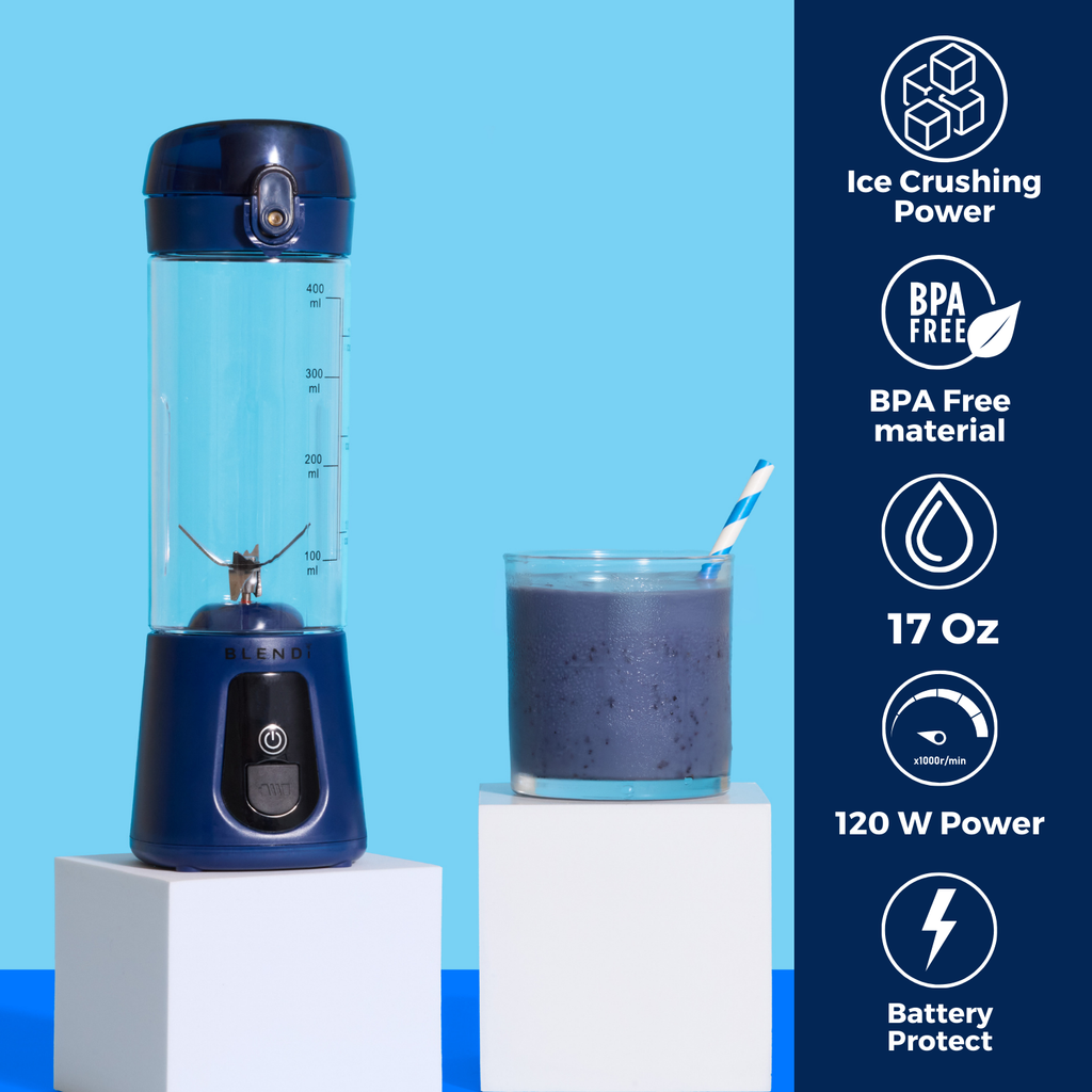 Pro+ 17oz portable ice-crushing blender with blue travel cup, 120W power, BPA-free material and battery protection for smoothies and frozen drinks.