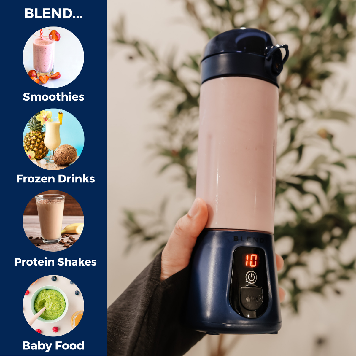 Hand holding a portable blender with images of smoothies, frozen drinks, protein shakes, and baby food on a blue sidebar.
