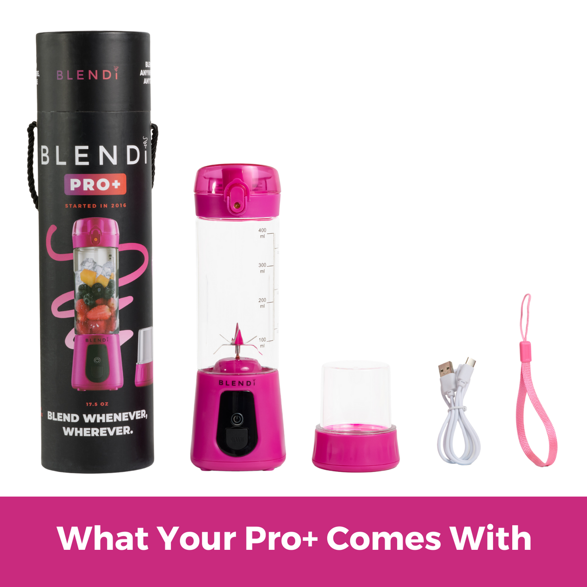 Pink BlendJet Pro+ 17oz portable ice-crushing blender with travel cup, lid, base, USB charging cable, wrist strap and packaging.
