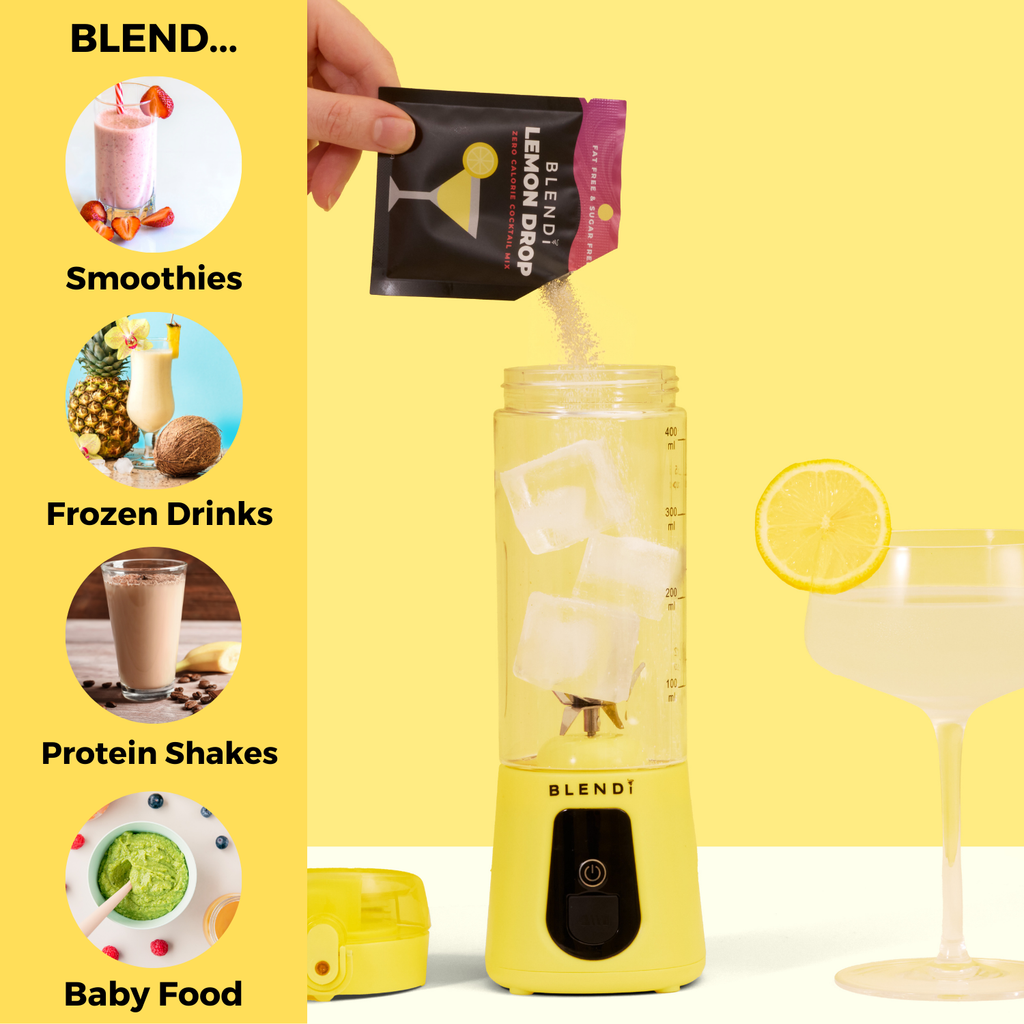 Pro+ 17oz portable ice-crushing blender blending a lemon drink, ideal for smoothies, frozen drinks, protein shakes, and baby food.