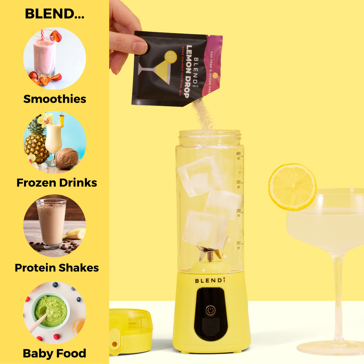 Pro+ 17oz portable ice-crushing blender blending a lemon drink, ideal for smoothies, frozen drinks, protein shakes, and baby food.
