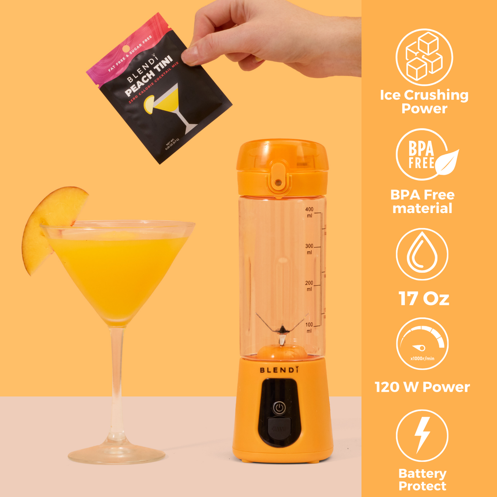 Pro+ 17oz portable ice-crushing blender with peach juice, powerful 120W motor, BPA-free bottle and rechargeable battery for smoothies and frozen drinks.
