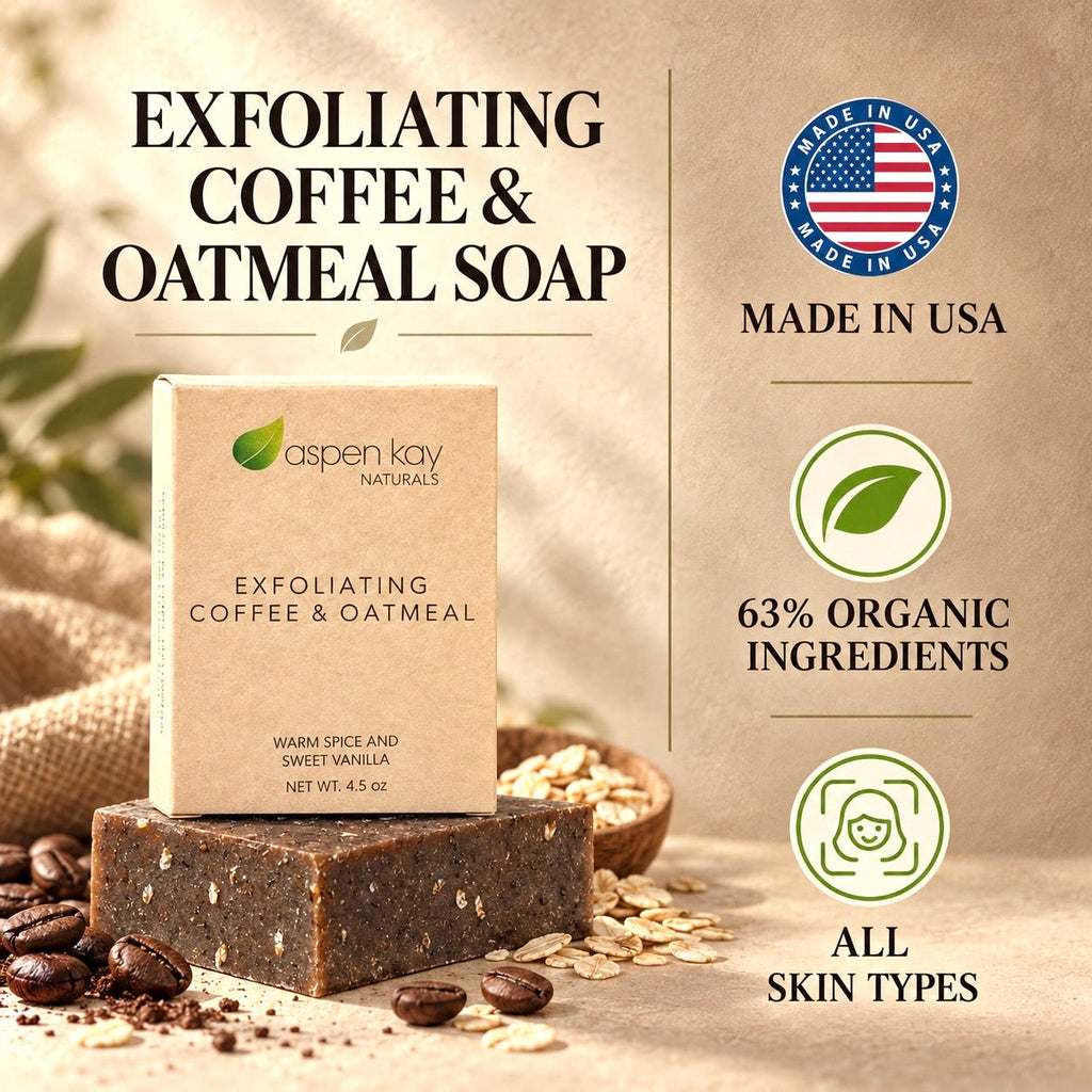 Aspen Kay Naturals Exfoliating Coffee & Oatmeal Soap bar shown in a kraft box with coffee beans and oats around it, on a warm beige background with text highlighting 'Made in USA', '63% Organic Ingredients', and 'All Skin Types'.