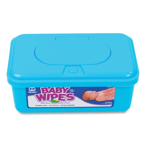 Blue container of baby wipes with a label on a white background