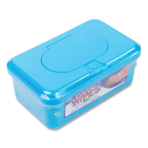 Blue container of baby wipes on a white background