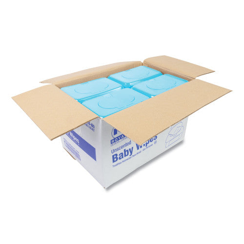 Box of unscented baby wipes with blue packaging on a white background