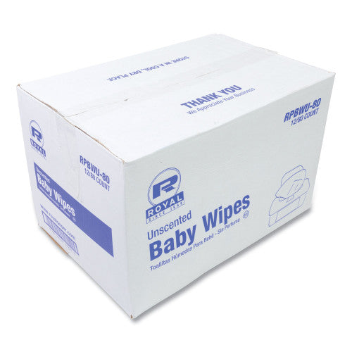 Box of Royal Unscented Baby Wipes on a white background