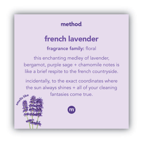 Product packaging for 'French Lavender' with text and lavender illustration on a light purple background.