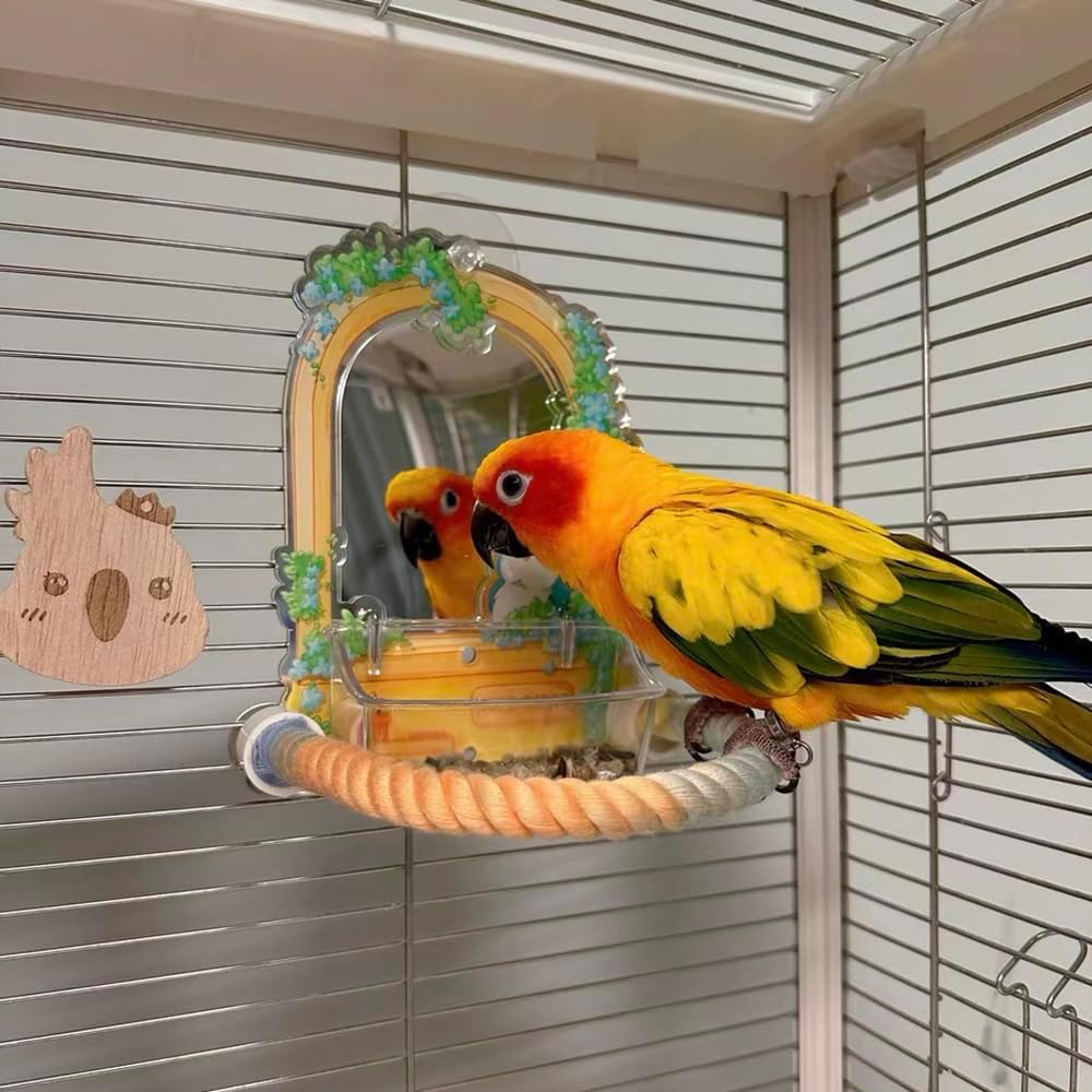 Colorful parrot perched on a rope perch in a birdcage with a mirror reflection.