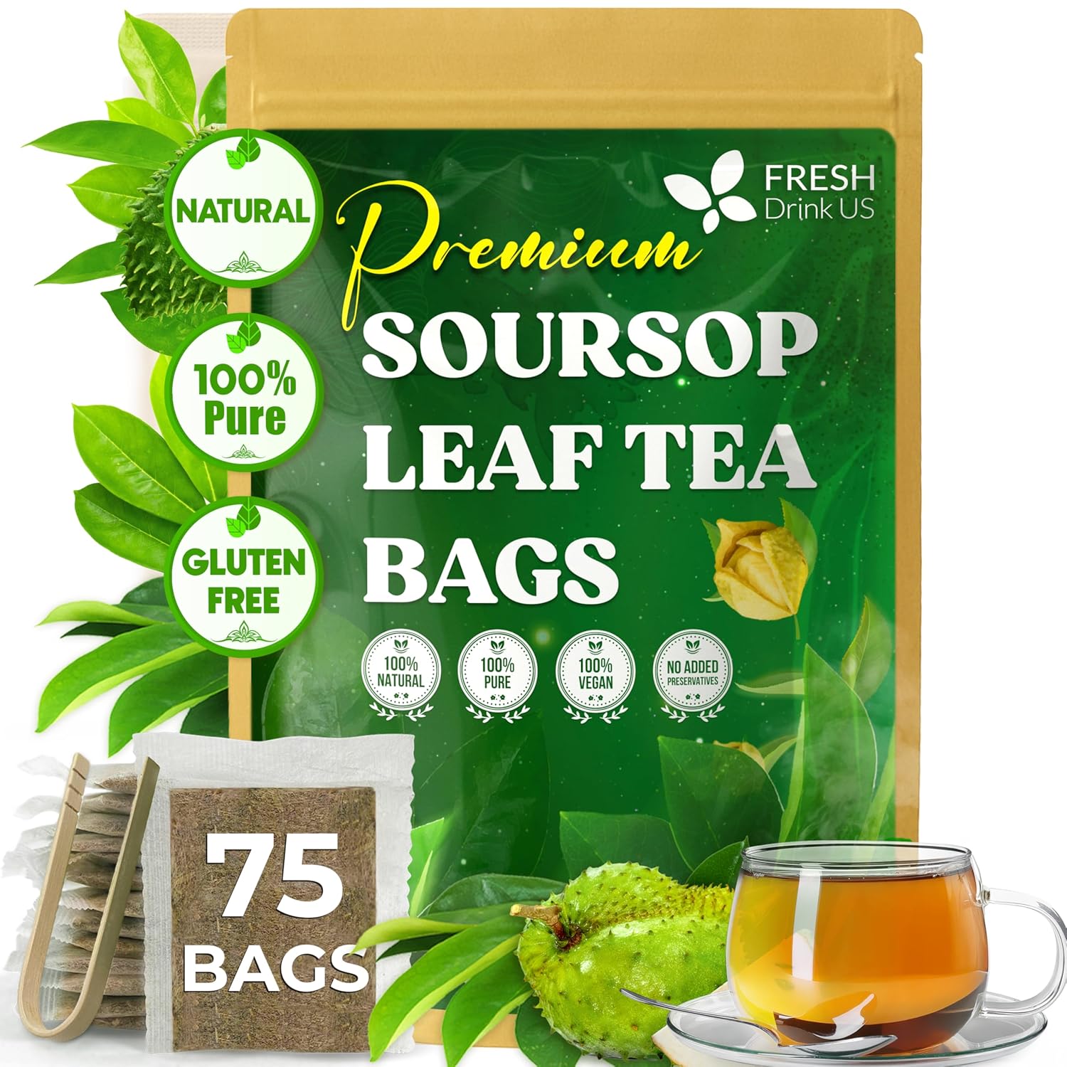 Soursop leaf tea package with tea bags, soursop fruit, and a cup of tea on a white background. Premium Soursop Leaves Tea bags, Dried Soursop Leaves, Soursop Leaf Powder, Guanabana Leaves Tea, Hoja Guanabana Tea