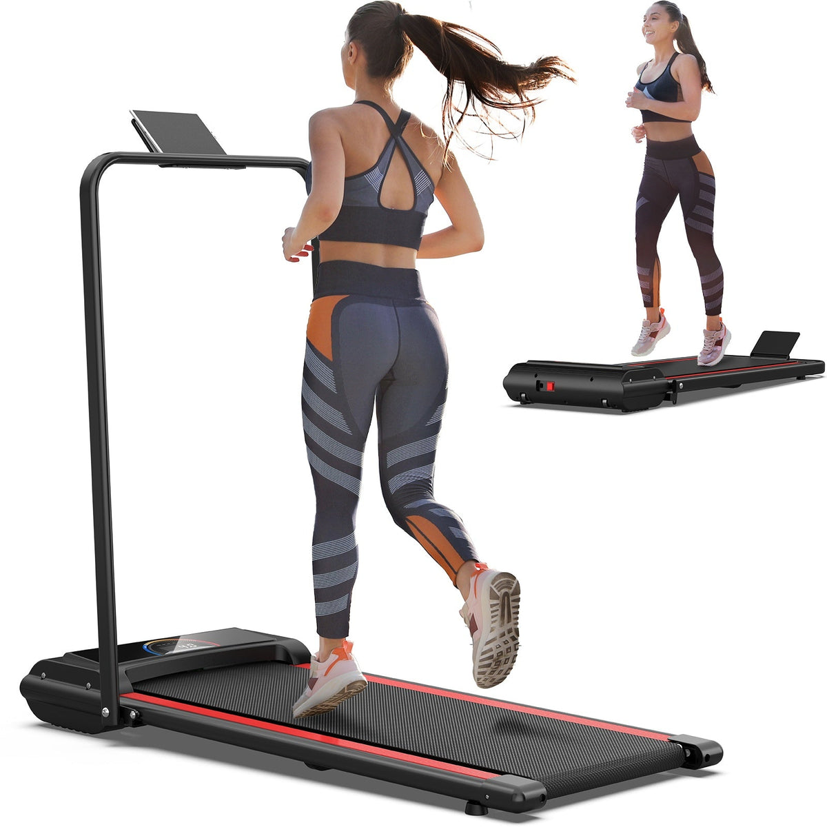 Woman running on a treadmill with inset images of the treadmill