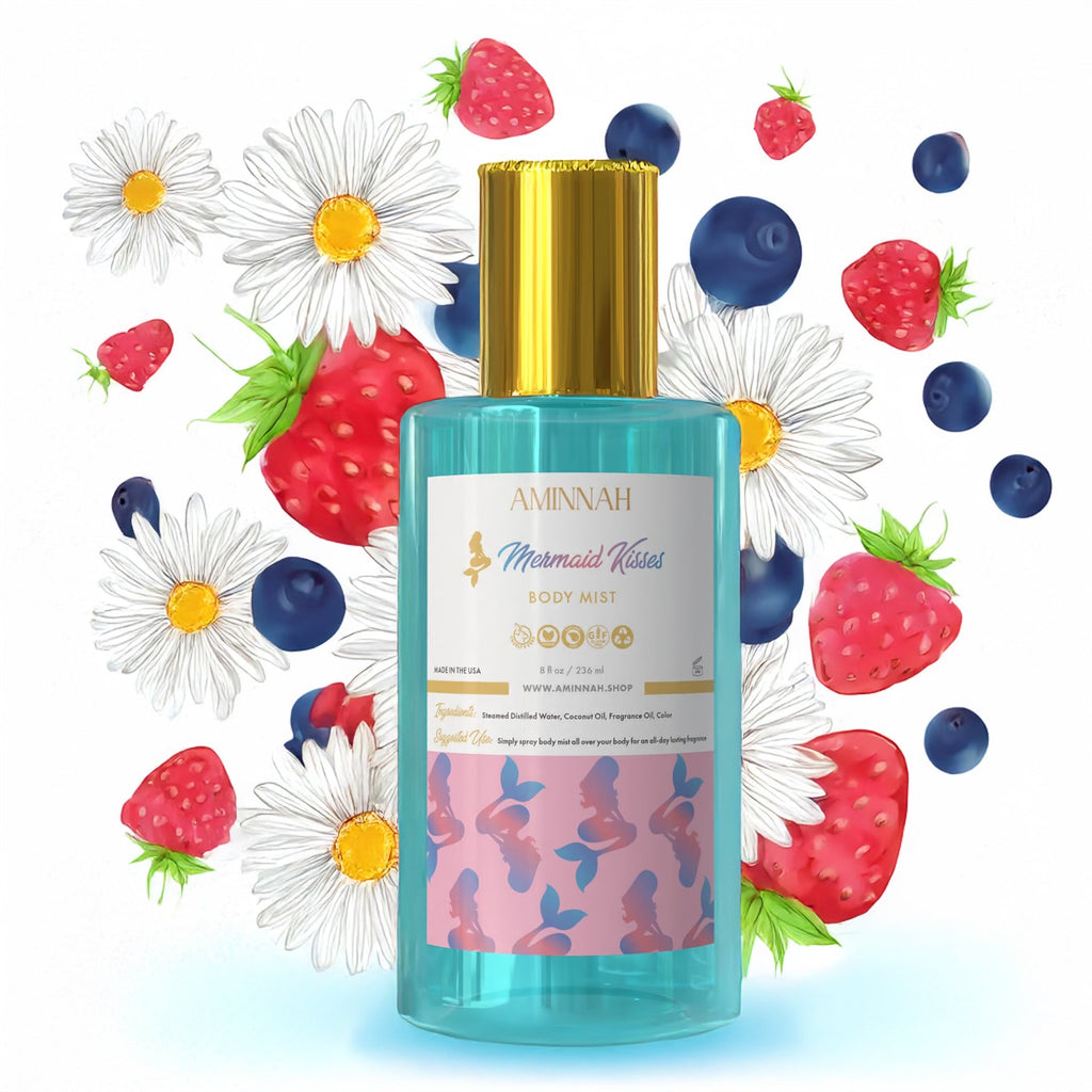 AMINNAH Body Mists fragrance collection featuring Unicorn Dreams, Mermaid Kisses, XOXO, and Sprinkle Donut. Lightweight fruity body sprays for everyday fragrance layering from a female-owned clean beauty brand.
