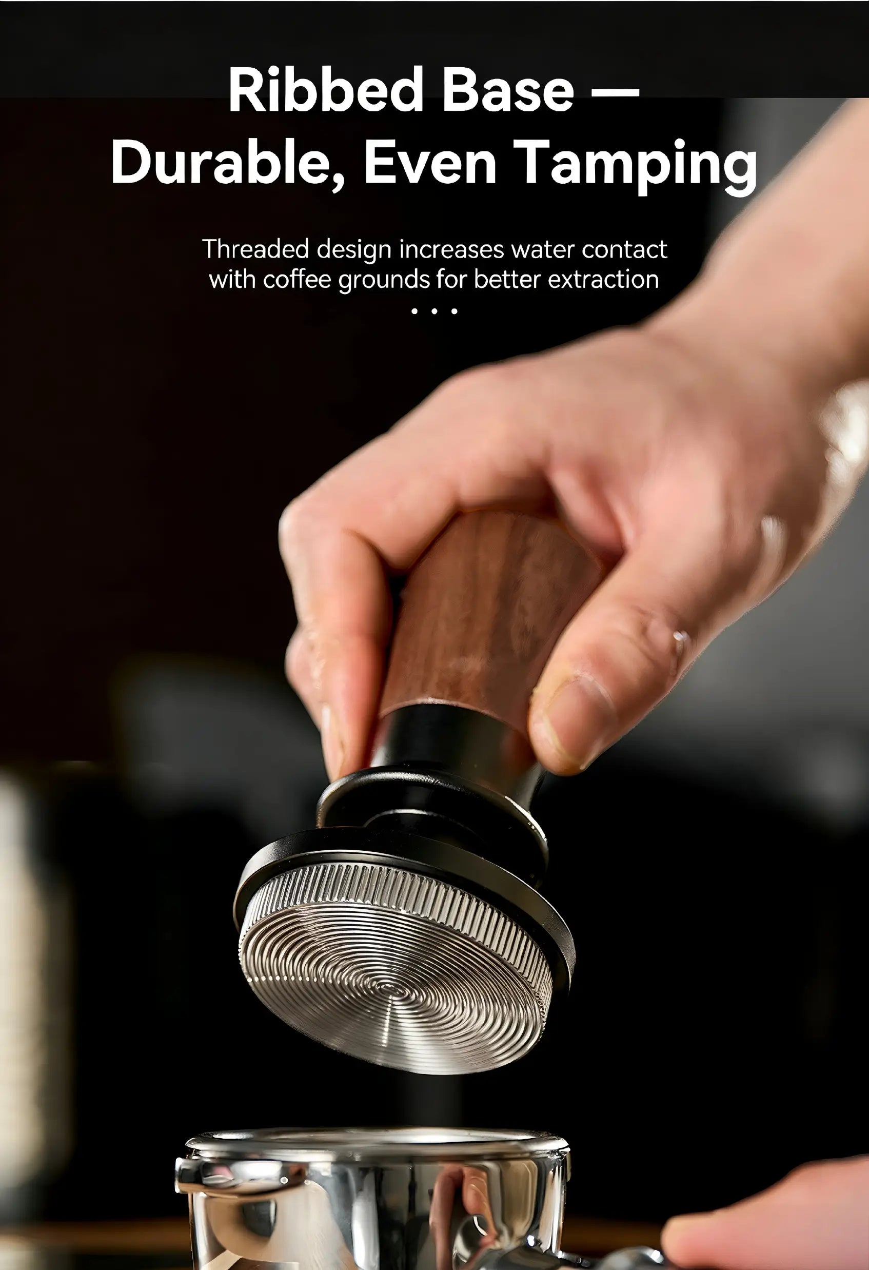Muyu Constant Force Spring Espresso Tamper with Walnut Wood Handle, Stainless Steel Ribbed Base for Even Tamping, Consistent Pressure & Rich Espresso Crema