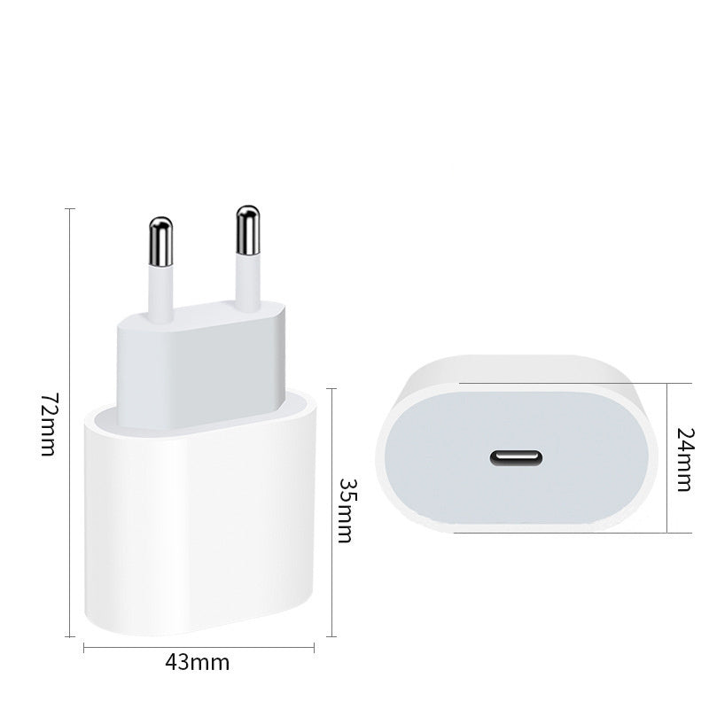 White USB-C fast charger plug and body shown on a light gray background with dimension labels: 72mm height, 43mm width, 35mm plug-to-body height, and 24mm body depth.