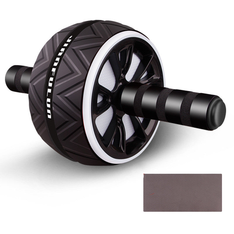 Black ab roller with white branding on a white background