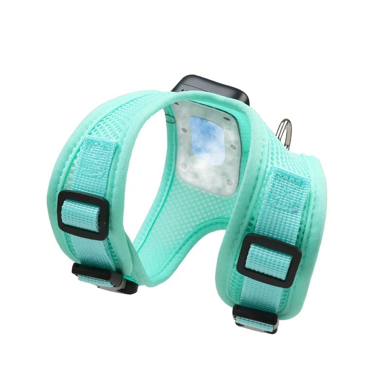Mint green breathable cooling dog harness with built-in LED safety light, adjustable chest straps, secure buckles and pet air conditioning cooling technology for comfortable summer walks and nighttime visibility. Comfortable pet harness leash.