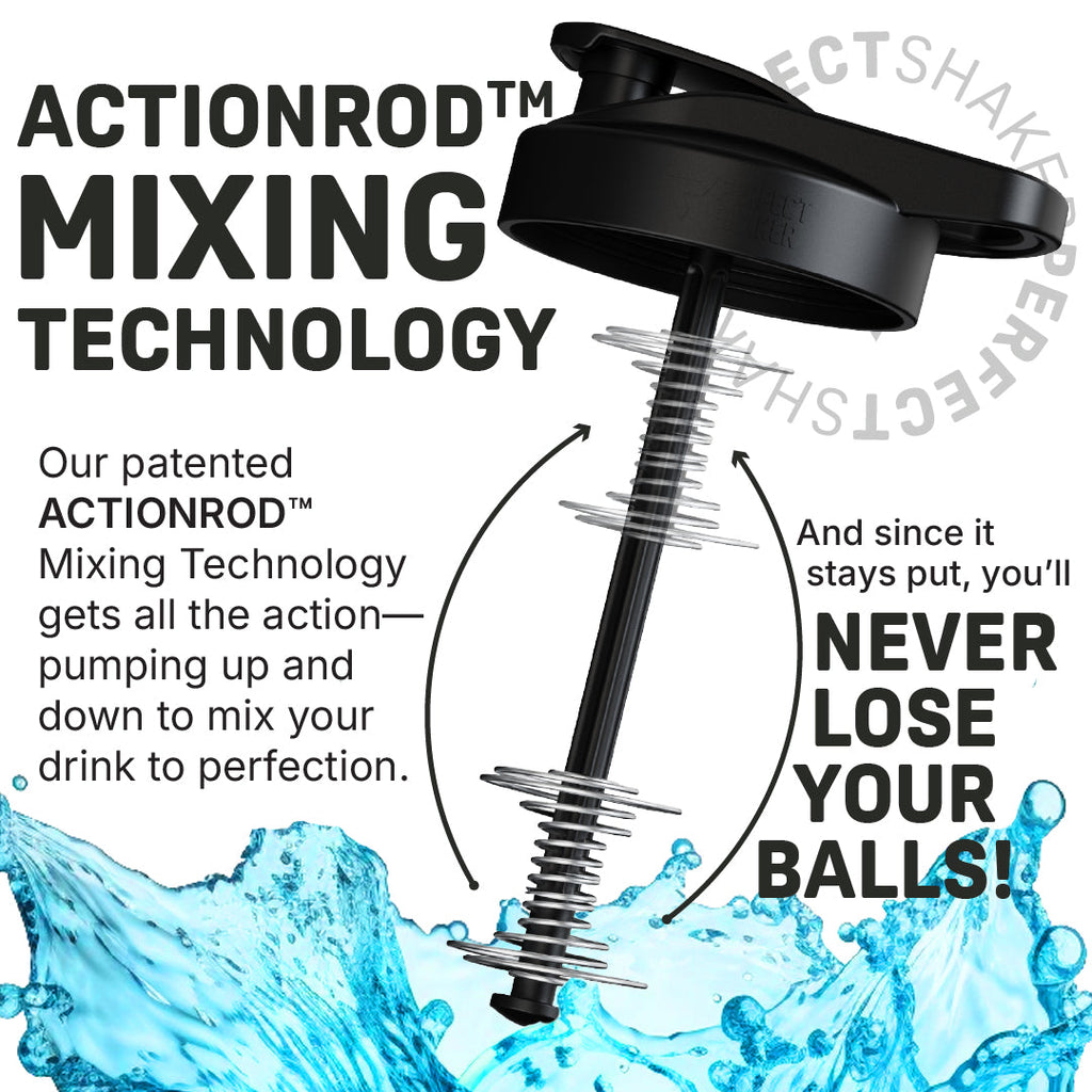 Black ActionRod mixing technology shaker bottle lid and mixing arm shown on a white background with blue water splash graphics and promotional text.