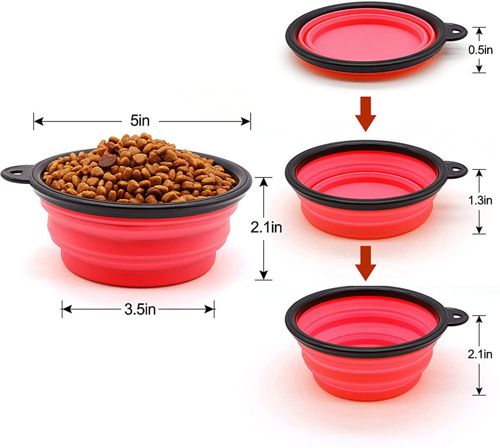 Collapsible red pet bowls with black rims, filled with dog food, on a white background with measurements indicated.