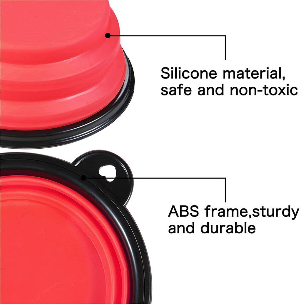 Red pet bowl with black rim, labeled as silicone material and ABS frame.