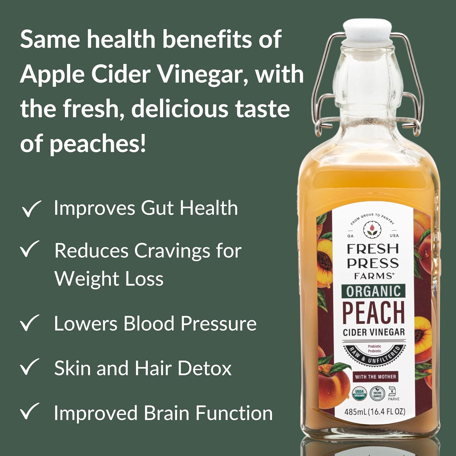 Fresh Press Farms Organic Peach Cider Vinegar with the Mother – 16.4 oz, 2-Pack