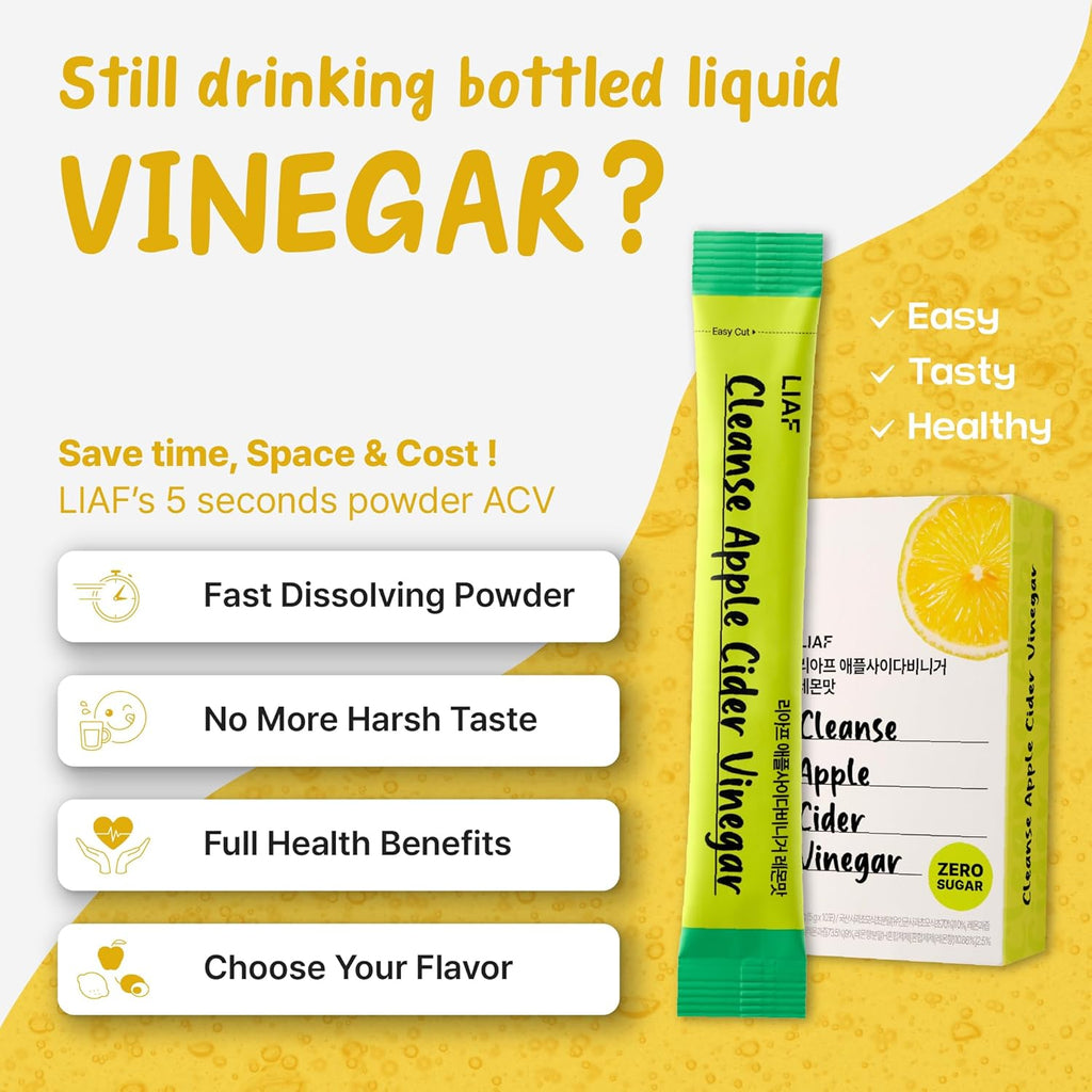 LIAF Apple Cider Vinegar Powder Loaded Tea Packets | Korean Fermented ACV with Mother | Travel Size Instant Dissolving Drink Mix | Sugar Free Energy Boost | Lemon Flavor 10 Count