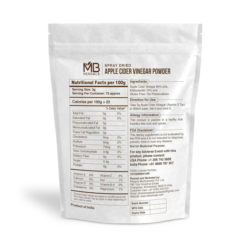 MB Herbals Apple Cider Vinegar Powder | 227G (8 oz/Half Pound) | 75 Servings | Spray Dried | Gluten Free | No Preservatives
