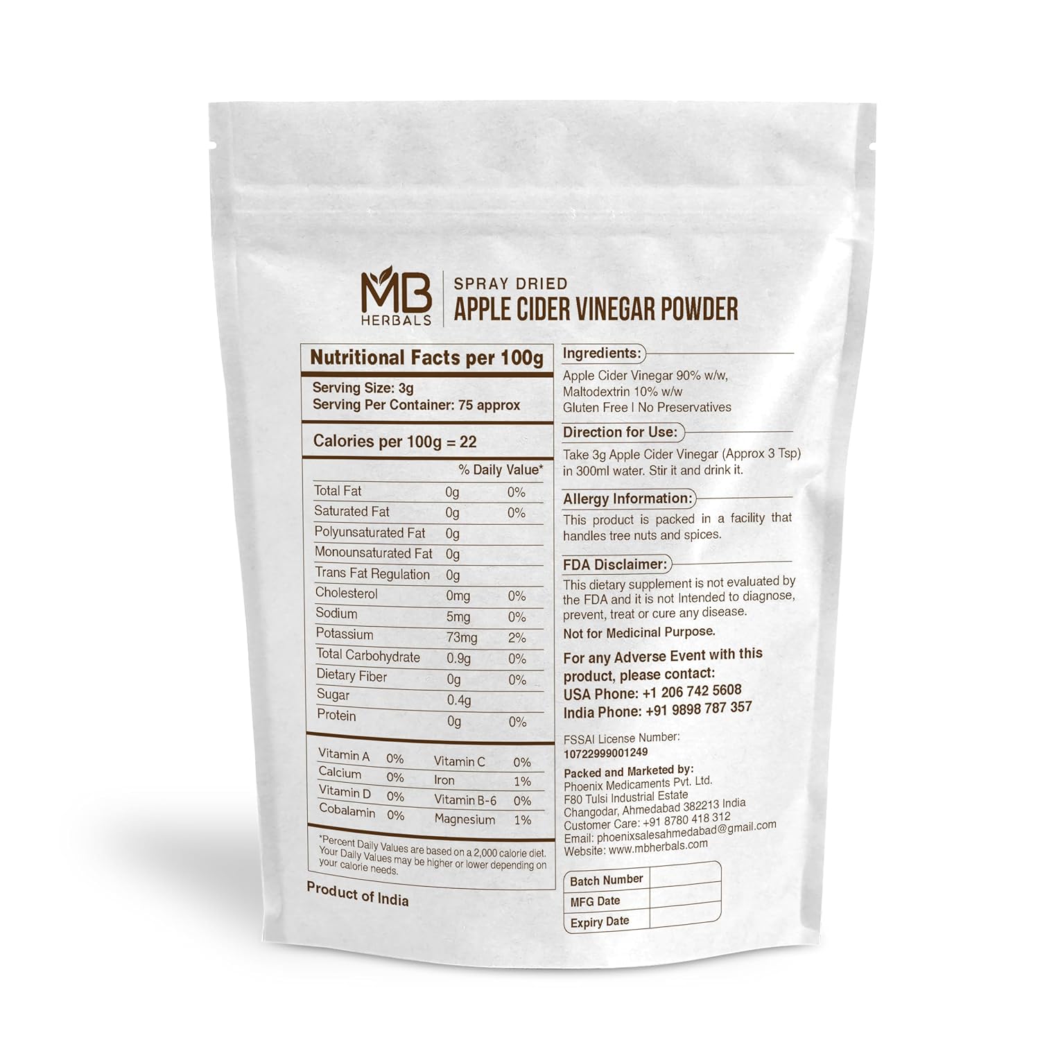 MB Herbals Apple Cider Vinegar Powder | 227G (8 oz/Half Pound) | 75 Servings | Spray Dried | Gluten Free | No Preservatives