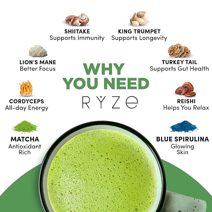 RYZE Superfoods Mushroom Matcha Starter Kit with USDA Organic ceremonial-grade matcha, six adaptogenic mushrooms, and wooden spoon for energy, focus, and immune support.