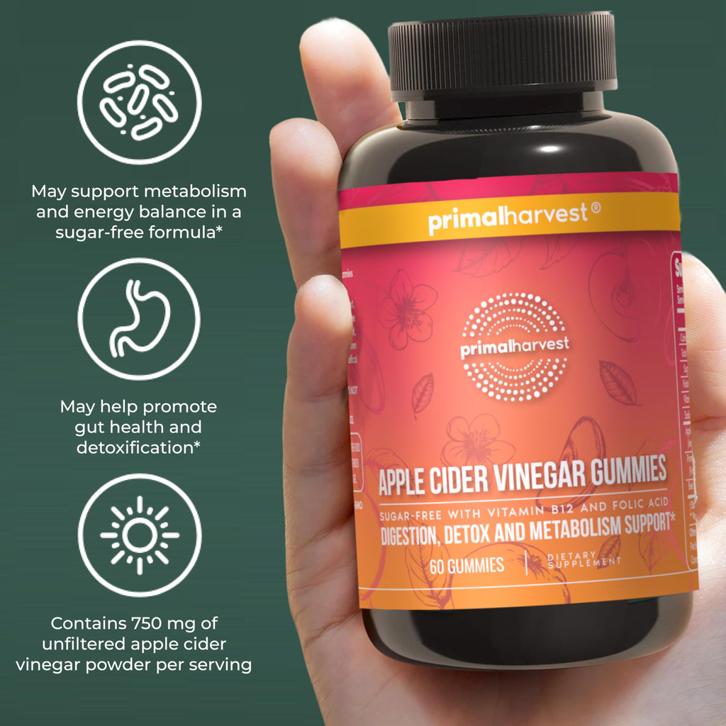 Primal Harvest Sugar-Free Apple Cider Vinegar Gummies – 750 mg, 60 Count