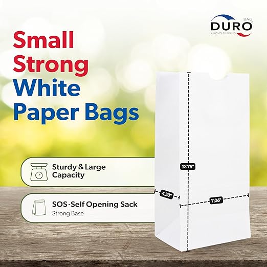 Duro 12 lb Tall White Paper Grocery Bag, 7 1/16 x 4 1/2 x 11 1/2 in (QTY 500), SKU 51032