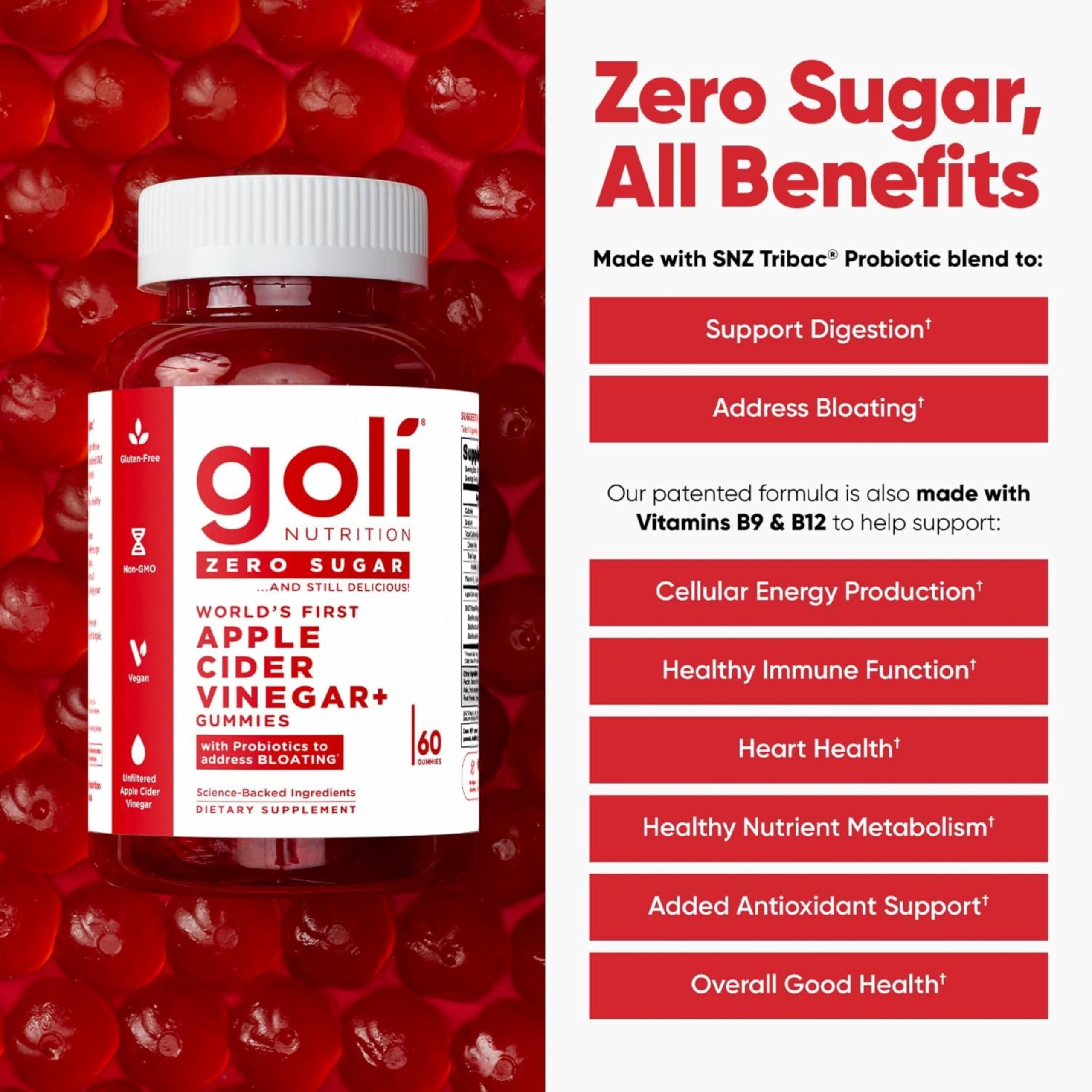Goli Zero Sugar Apple Cider Vinegar Gummies with Probiotics & Vitamin B12