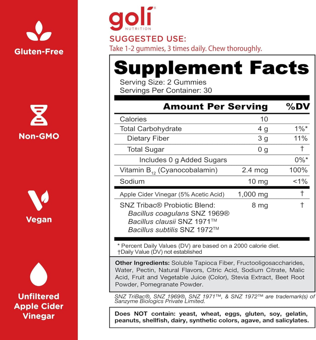 Goli Zero Sugar Apple Cider Vinegar Gummies with Probiotics & Vitamin B12