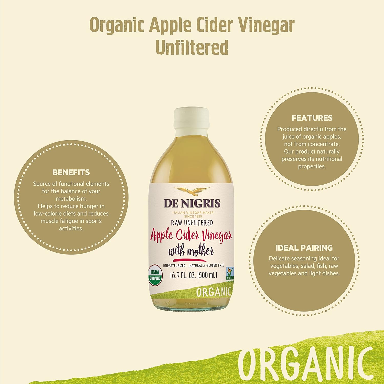 De Nigris Organic Raw Apple Cider Vinegar with the Mother – 2 Pack