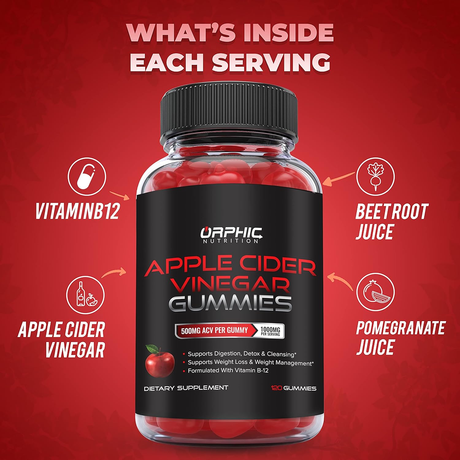 Orphic Nutrition Apple Cider Vinegar Gummies with the Mother – 1,000 mg, 120 Count