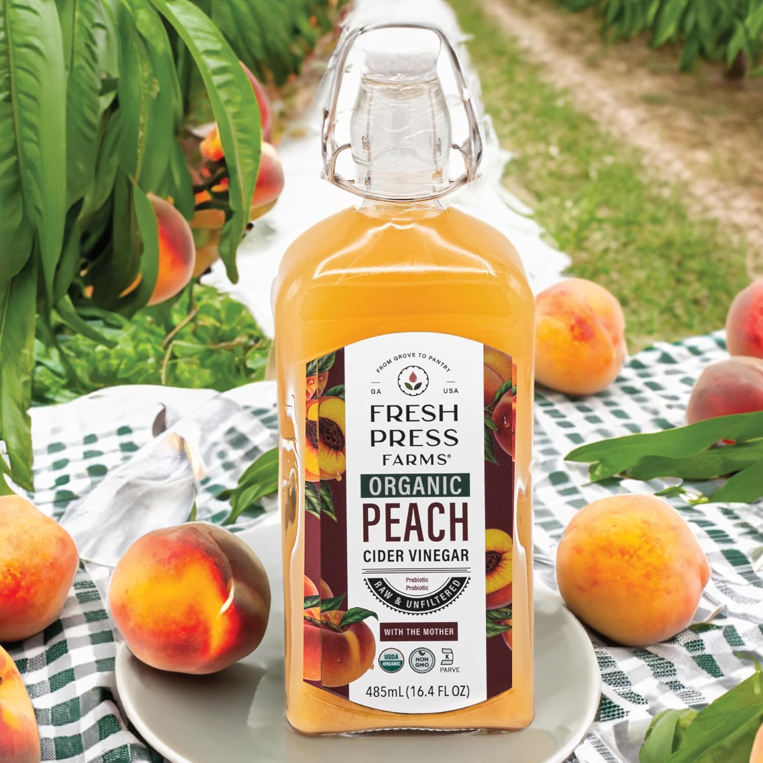 Fresh Press Farms Organic Peach Cider Vinegar with the Mother – 16.4 oz, 2-Pack