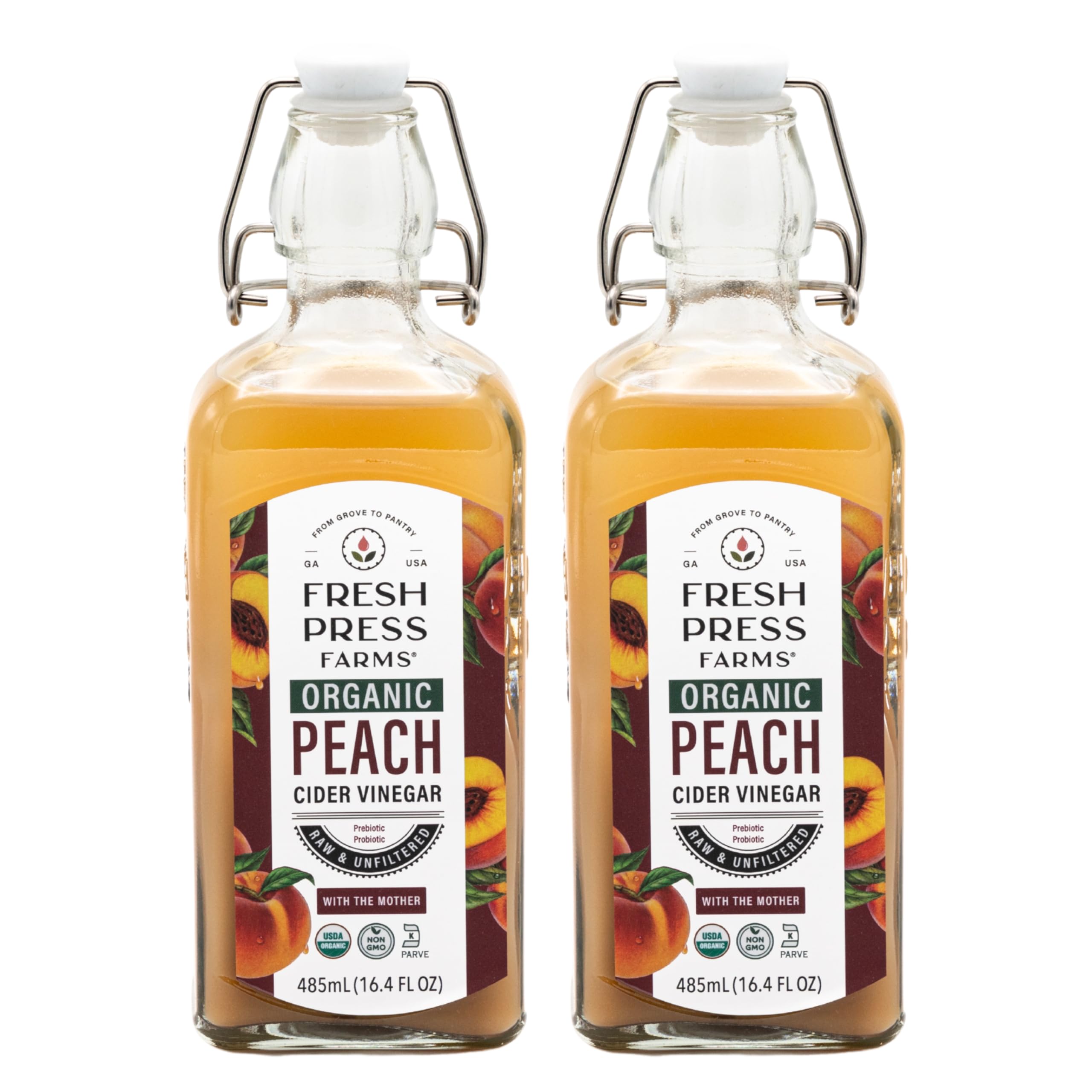Fresh Press Farms Organic Peach Cider Vinegar with the Mother – 16.4 oz, 2-Pack