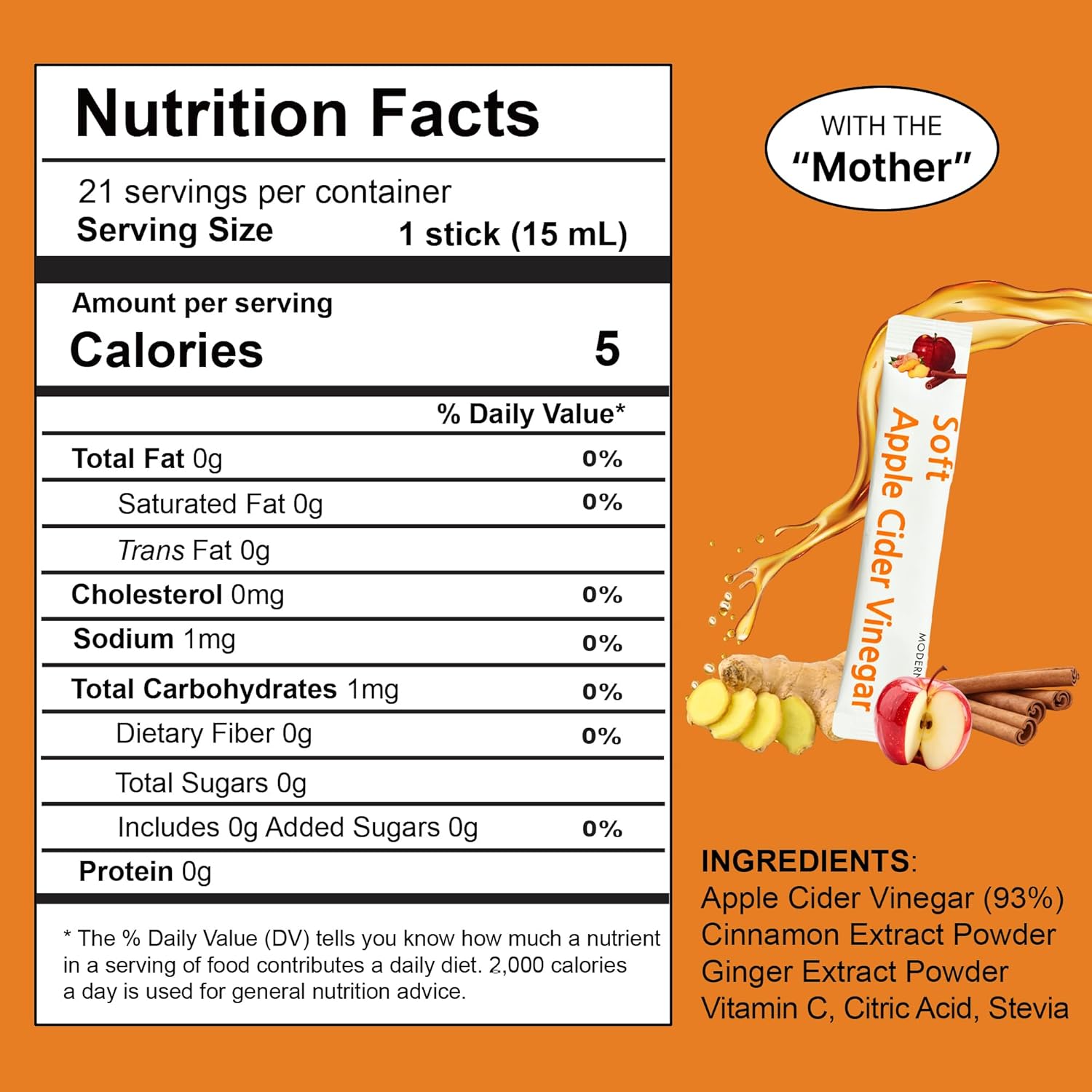 Modern Guru Apple Cider Vinegar Drink Sticks with Ginger & Cinnamon – 21 Count