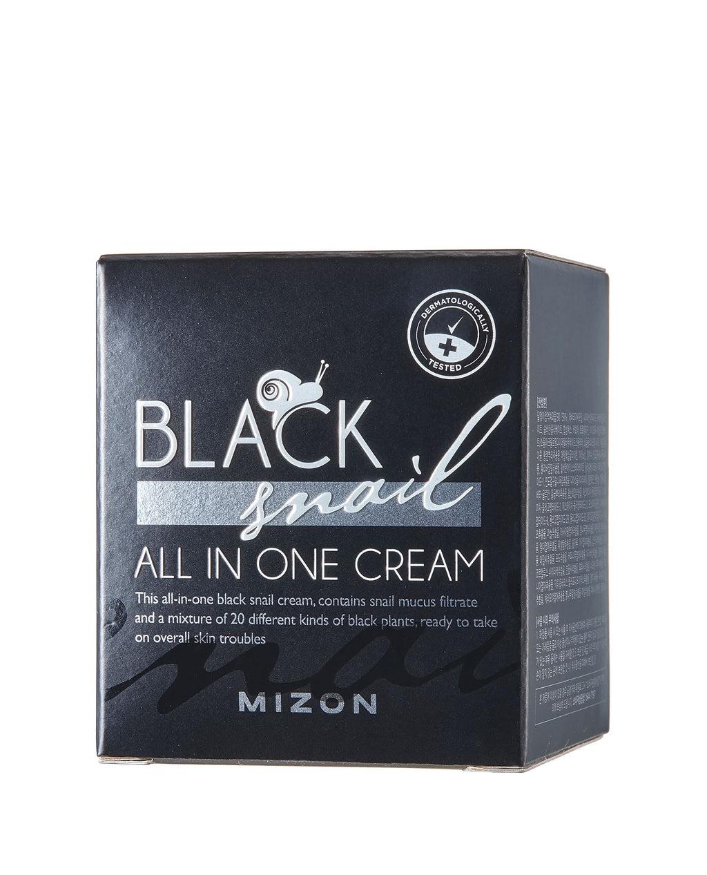 MIZON Black Snail All In One Cream retail packaging with black box featuring silver lettering and snail graphic on a white background. Dermatologically tested Korean skincare moisturizing cream containing black snail mucin for hydration, skin repair, and anti-aging care.
